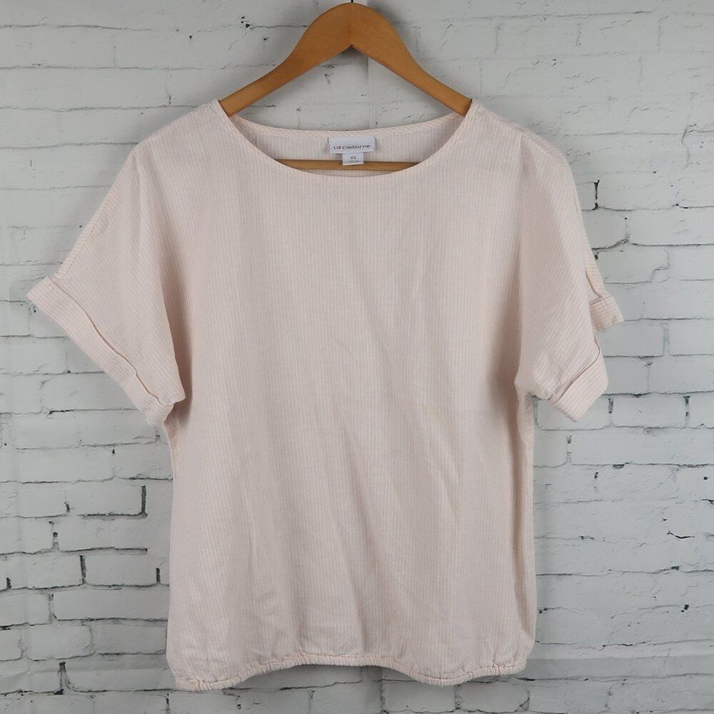 LIZ CLAIBORNE PEACH & WHITE STRIPE ROUND NECK SHORT SLEEVE LINEN COTTON TOP XS